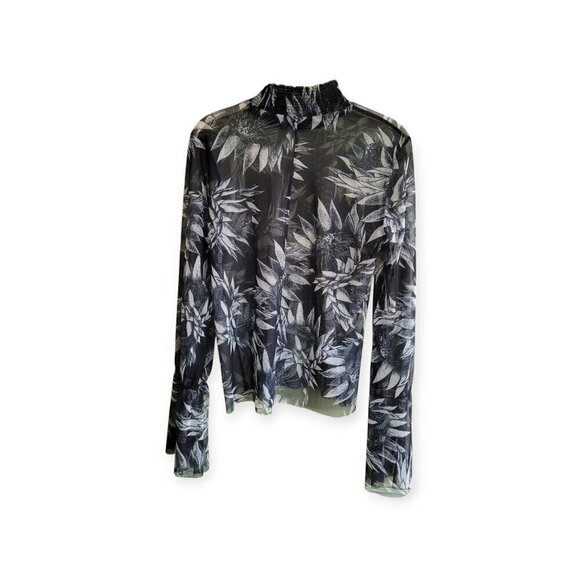 ZARA Semi-Sheer Mesh Floral High Neck Bell Sleeve Top in Black & White size S - Picture 3 of 7